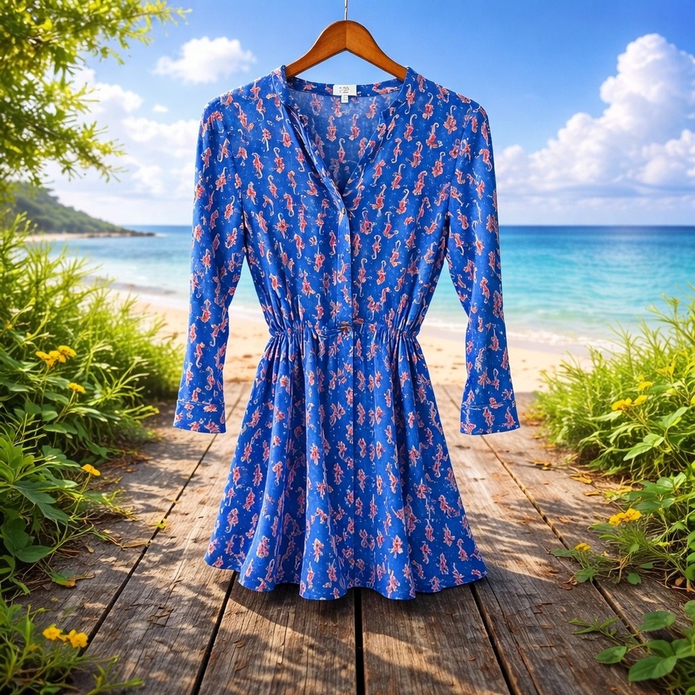 Crown & Ivy Seahorse Print Drawstring Waist Dress Size 6 Blue Coastal Nautical